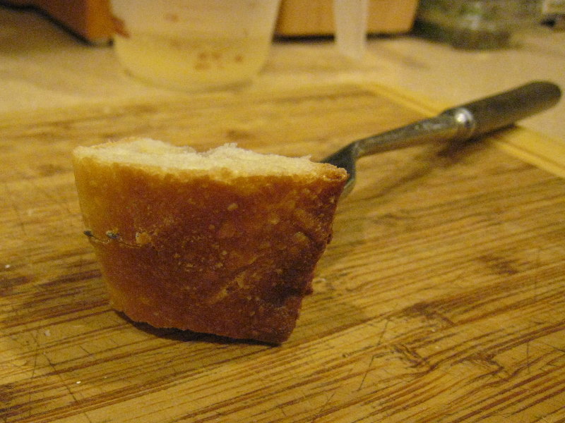 the fork goes through the white part of the bread and penetrates the crust